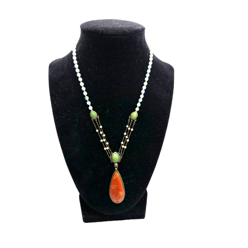 Vintage RARE Monet Faux Cinnabar Pendant Necklace Asian Revival Jade Pearl 70s